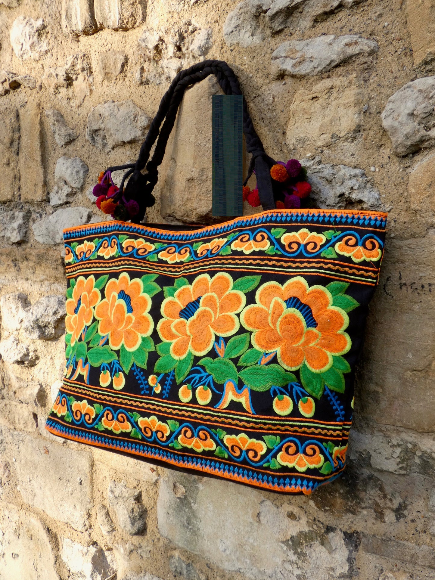 Orange Floral Embroidered Hmong Tote Bag