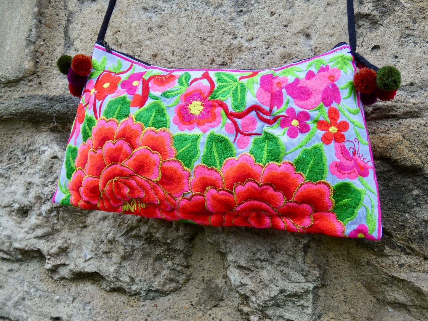 Coral Pink Floral Embroidered Crossbody Thai Sling Bag