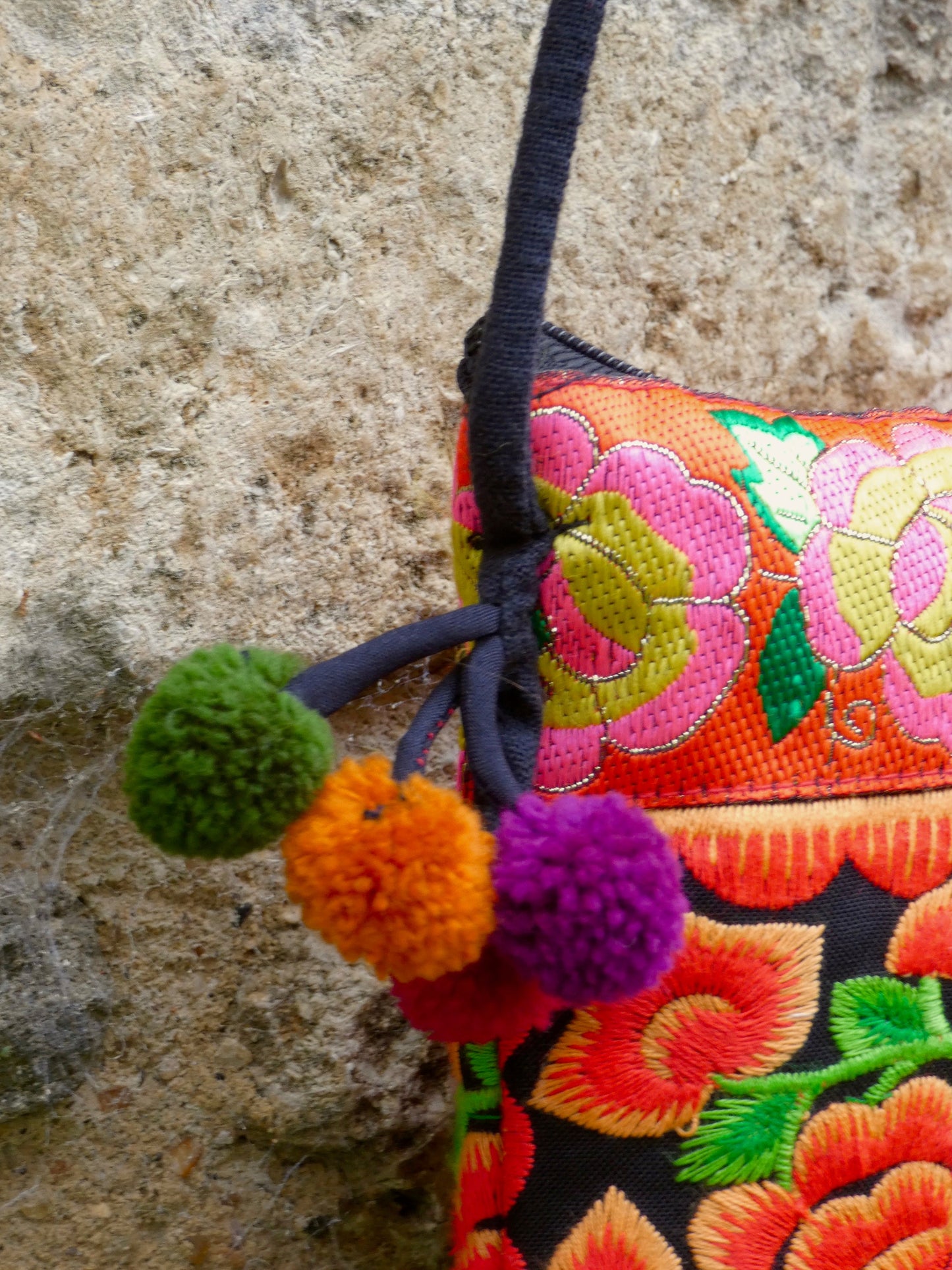 Orange Floral Embroidered Small Crossbody Thai Bag