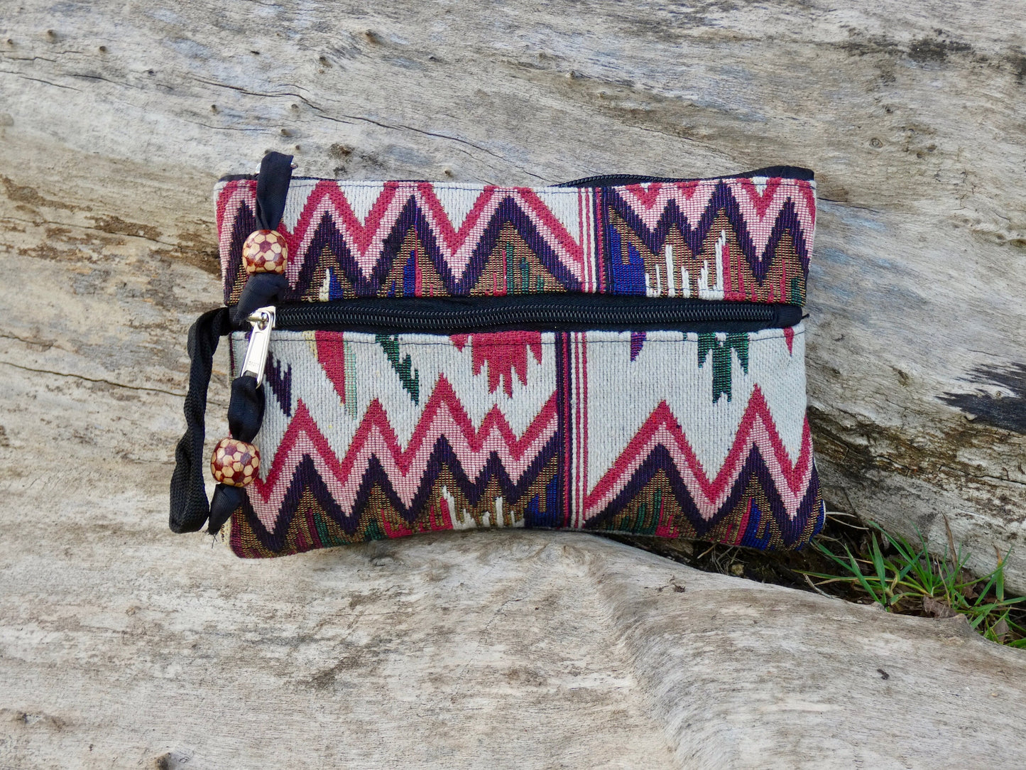 Red and Beige Jacquard Woven Cotton Wristlet Purse Bag