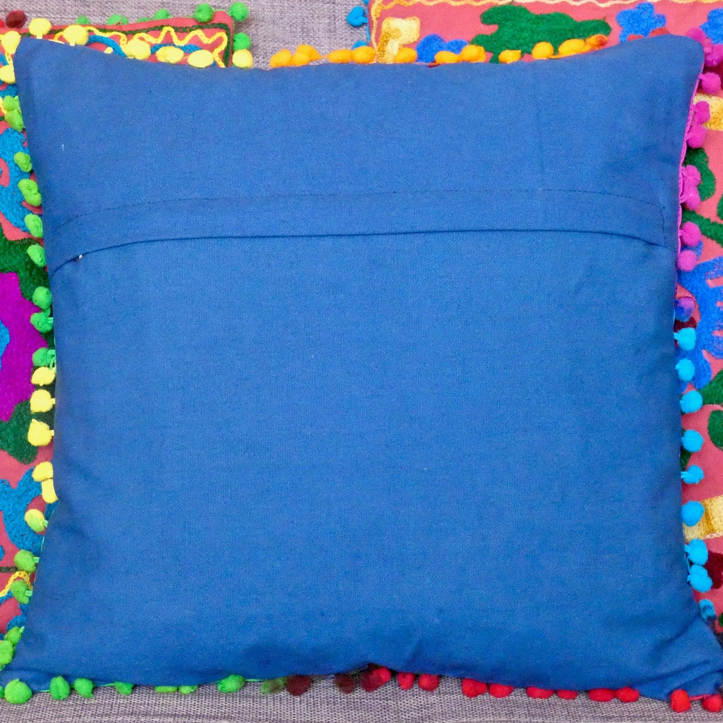 Blue Suzani Embroidered Pom Pom Cushion Cover