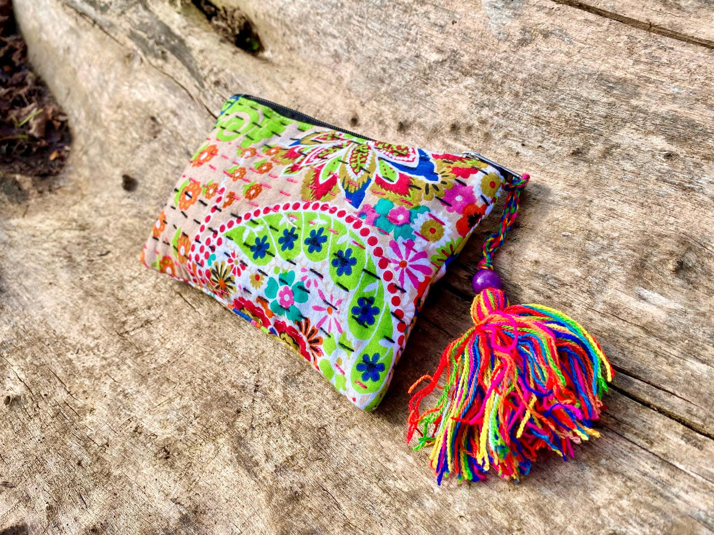 Handmade Cotton Kantha Purse - Beige