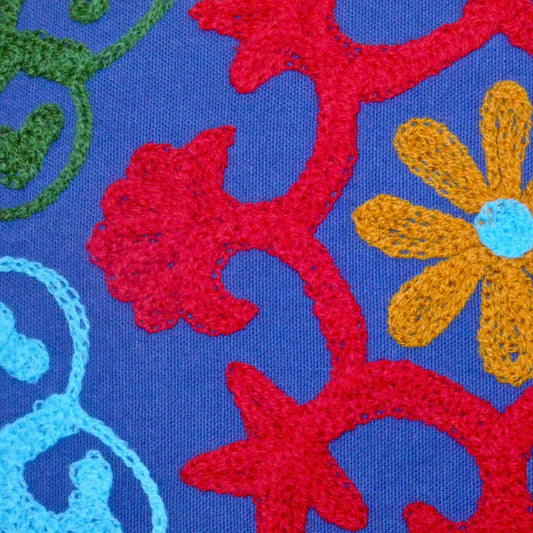 Blue Suzani Embroidered Pom Pom Cushion Cover