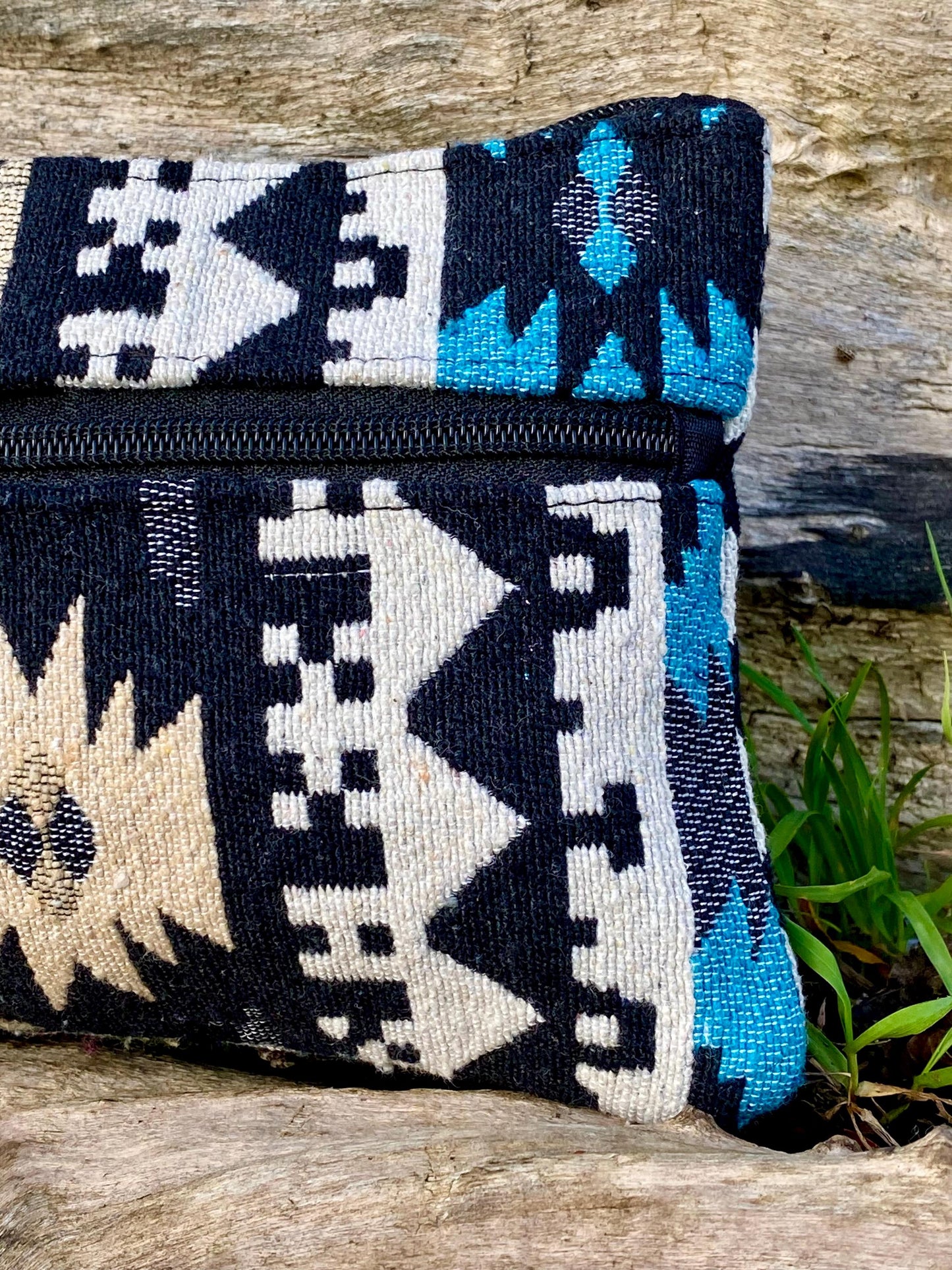 Upcycled Woven Cotton Jacquard Purse - Blue and Black