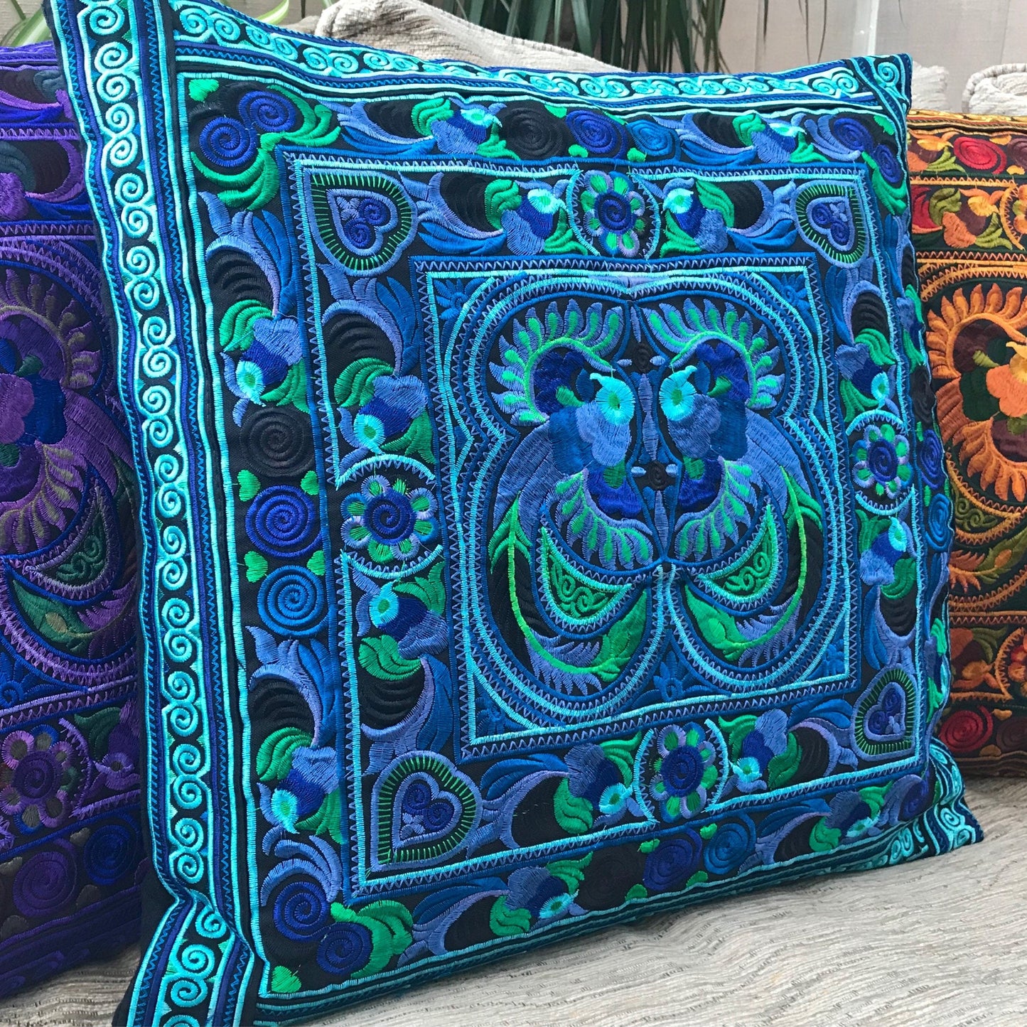 Turquoise Embroidered Thai Cushion Cover