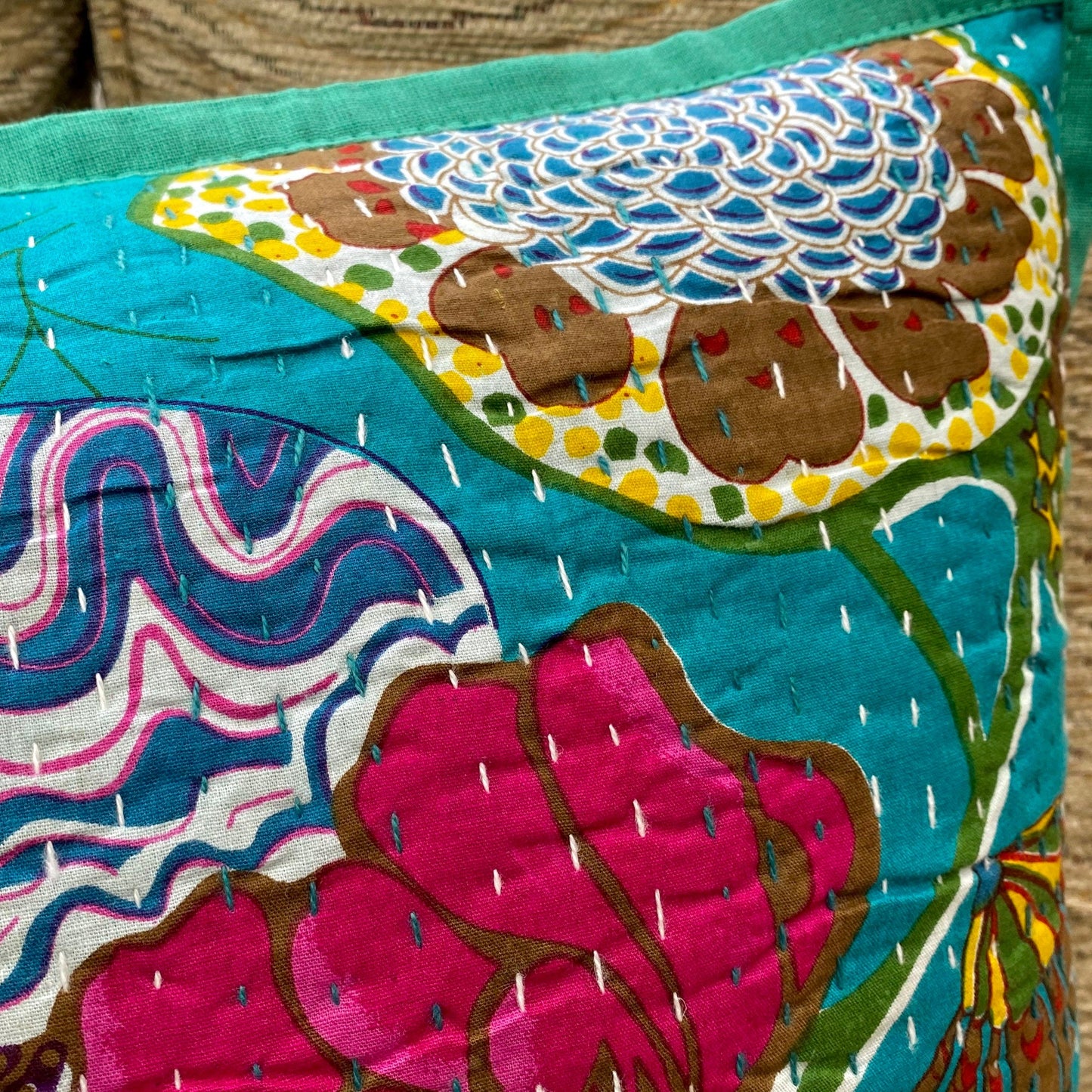 Turquoise Floral Kantha Cushion Cover