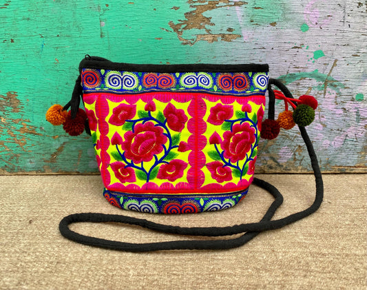 Pink Floral Embroidered Thai Crossbody Bag