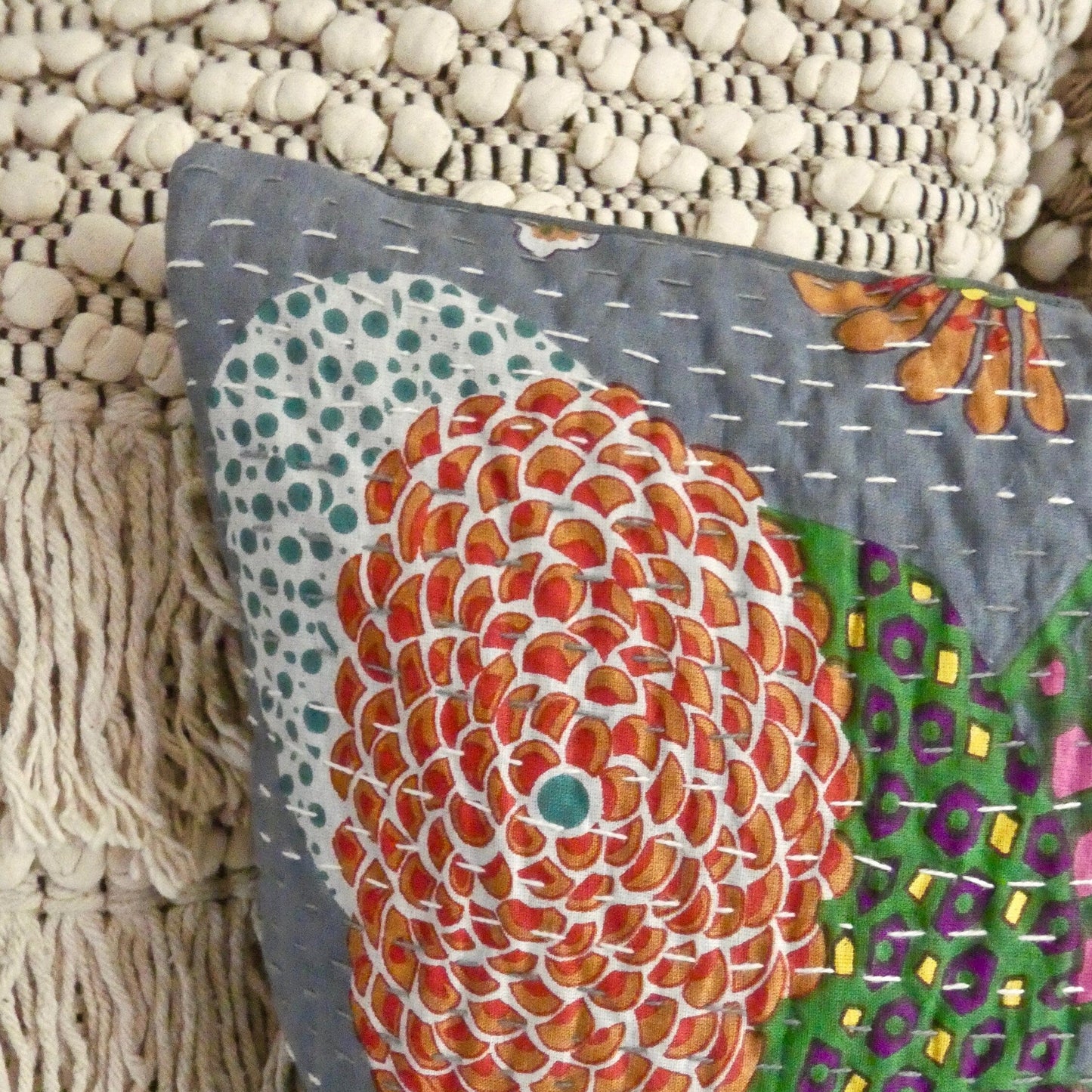 Grey Floral Kantha Cushion Cover