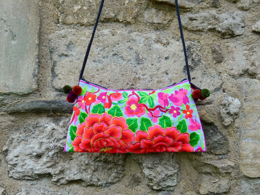 Coral Pink Floral Embroidered Crossbody Thai Sling Bag