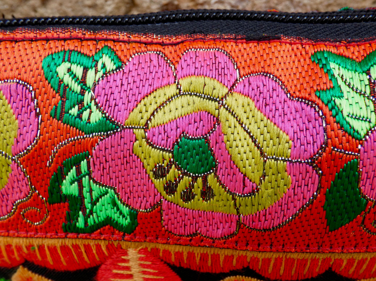 Orange Floral Embroidered Small Crossbody Thai Bag