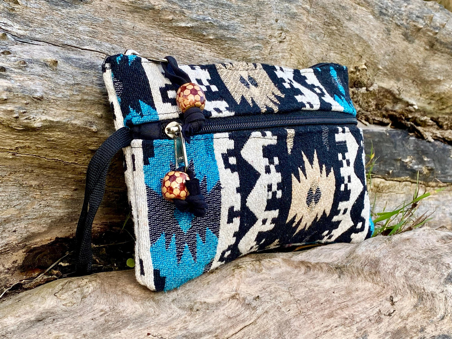 Upcycled Woven Cotton Jacquard Purse - Blue and Black