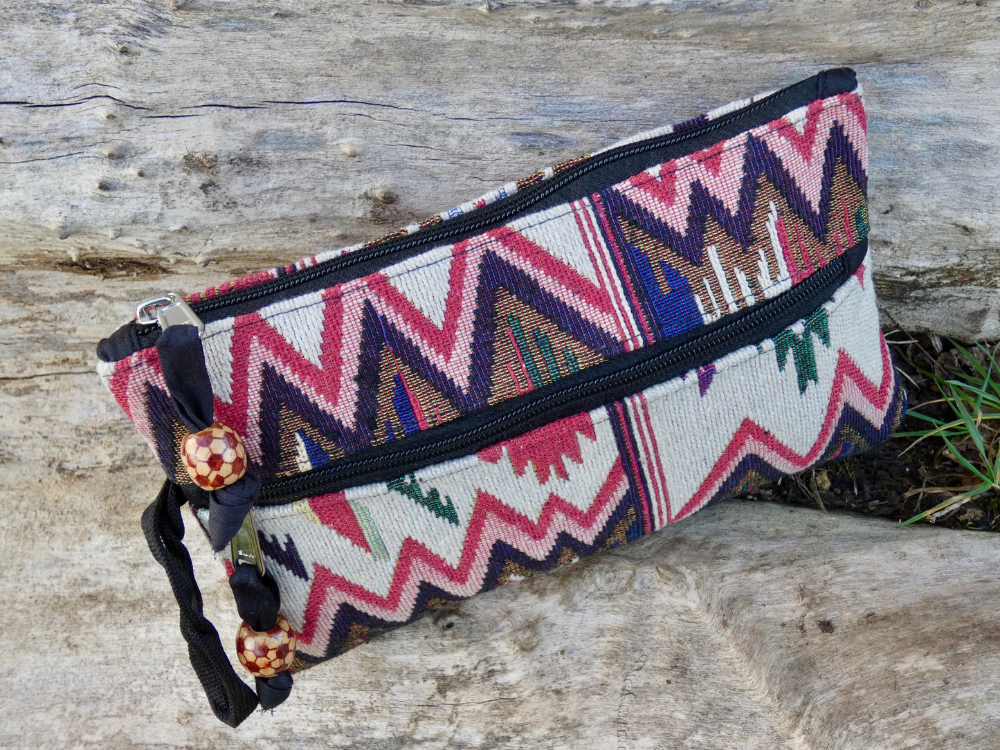 Red and Beige Jacquard Woven Cotton Wristlet Purse Bag