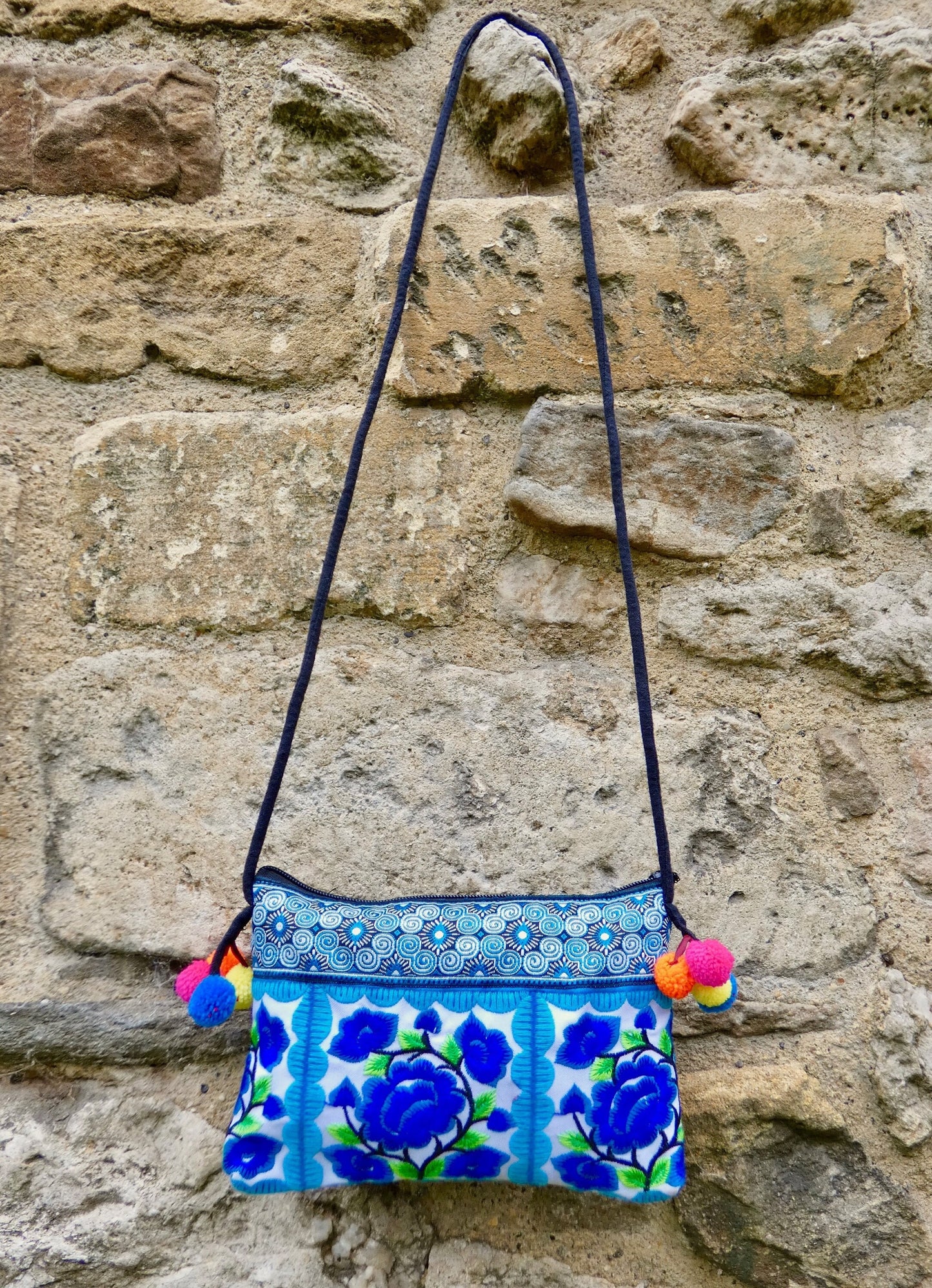 Blue Floral Embroidered Small Crossbody Thai Bag