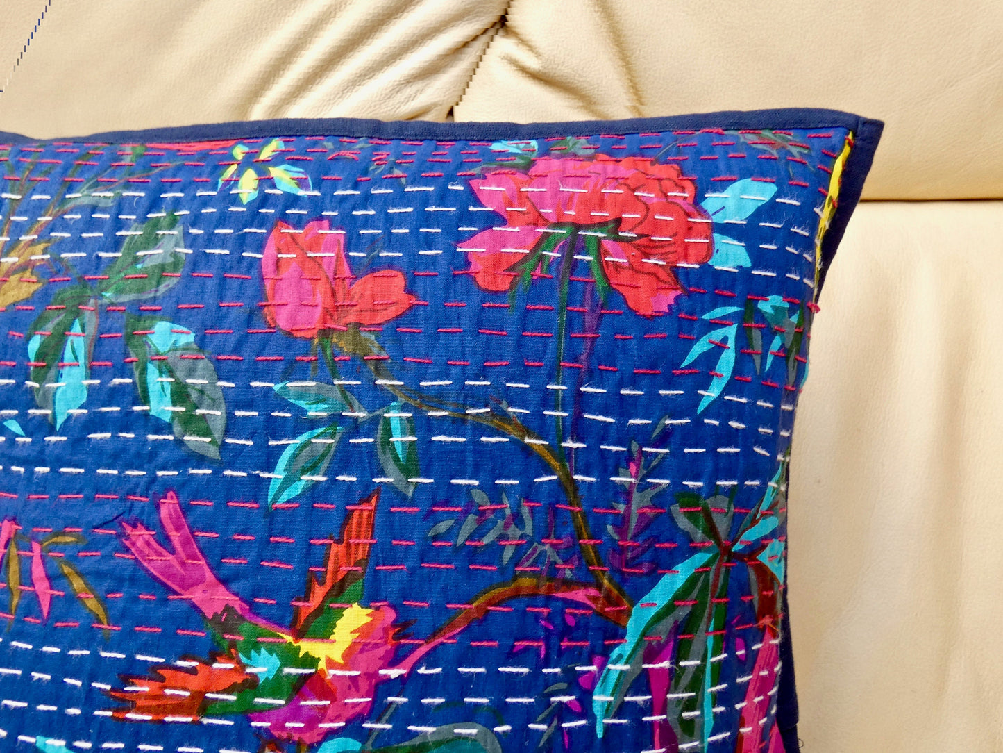 Blue Floral Kantha Cushion Cover