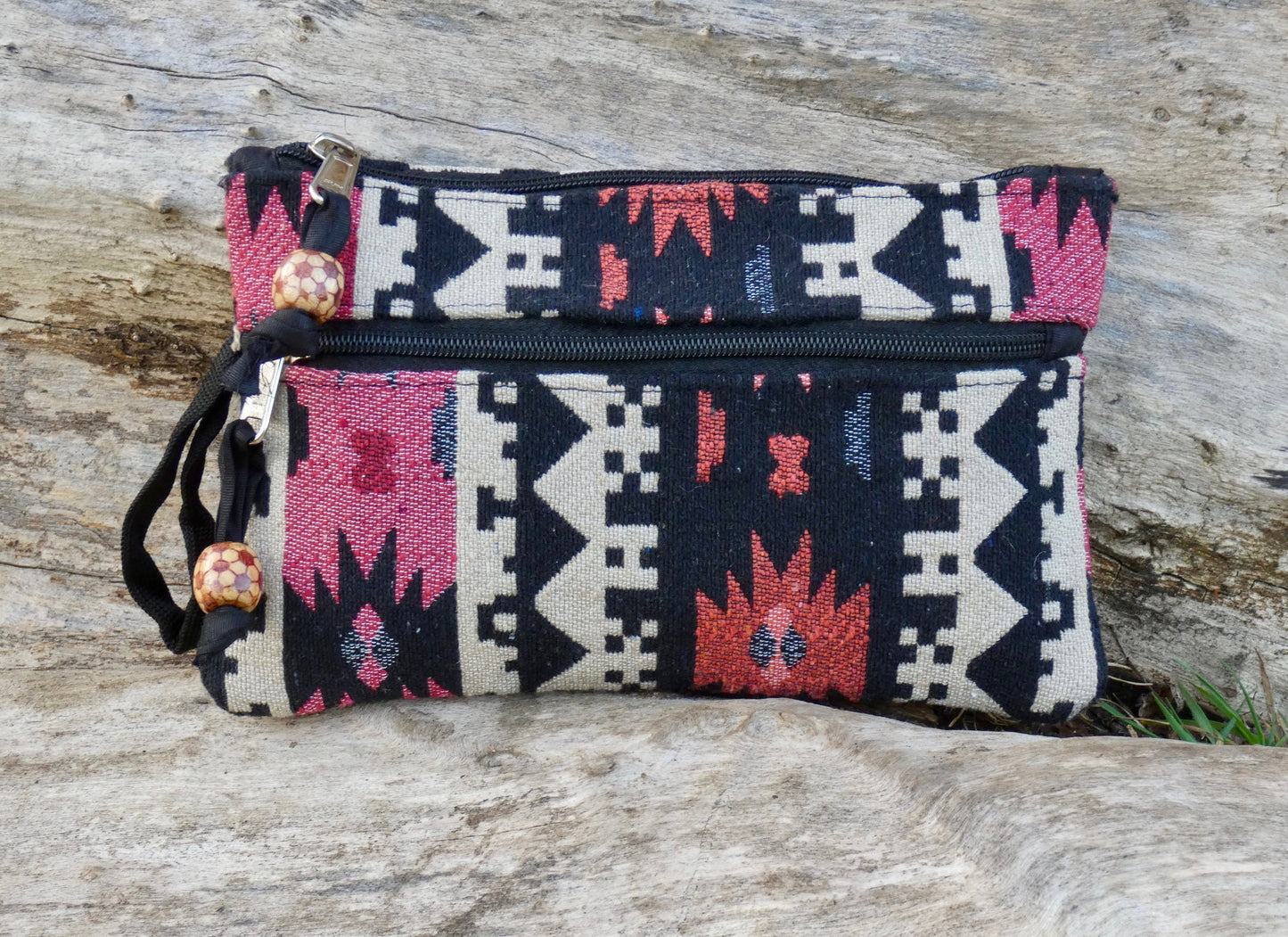 Upcycled Woven Cotton Jacquard Purse - Black and Coral