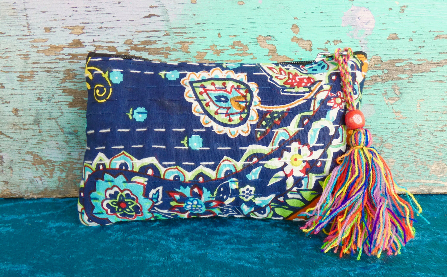 Handmade Cotton Kantha Purse - Navy Blue