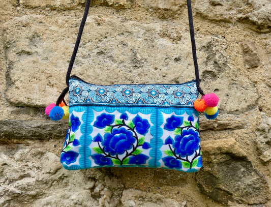 Blue Floral Embroidered Small Crossbody Thai Bag