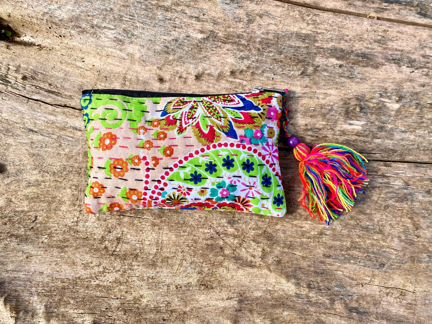 Handmade Cotton Kantha Purse - Beige