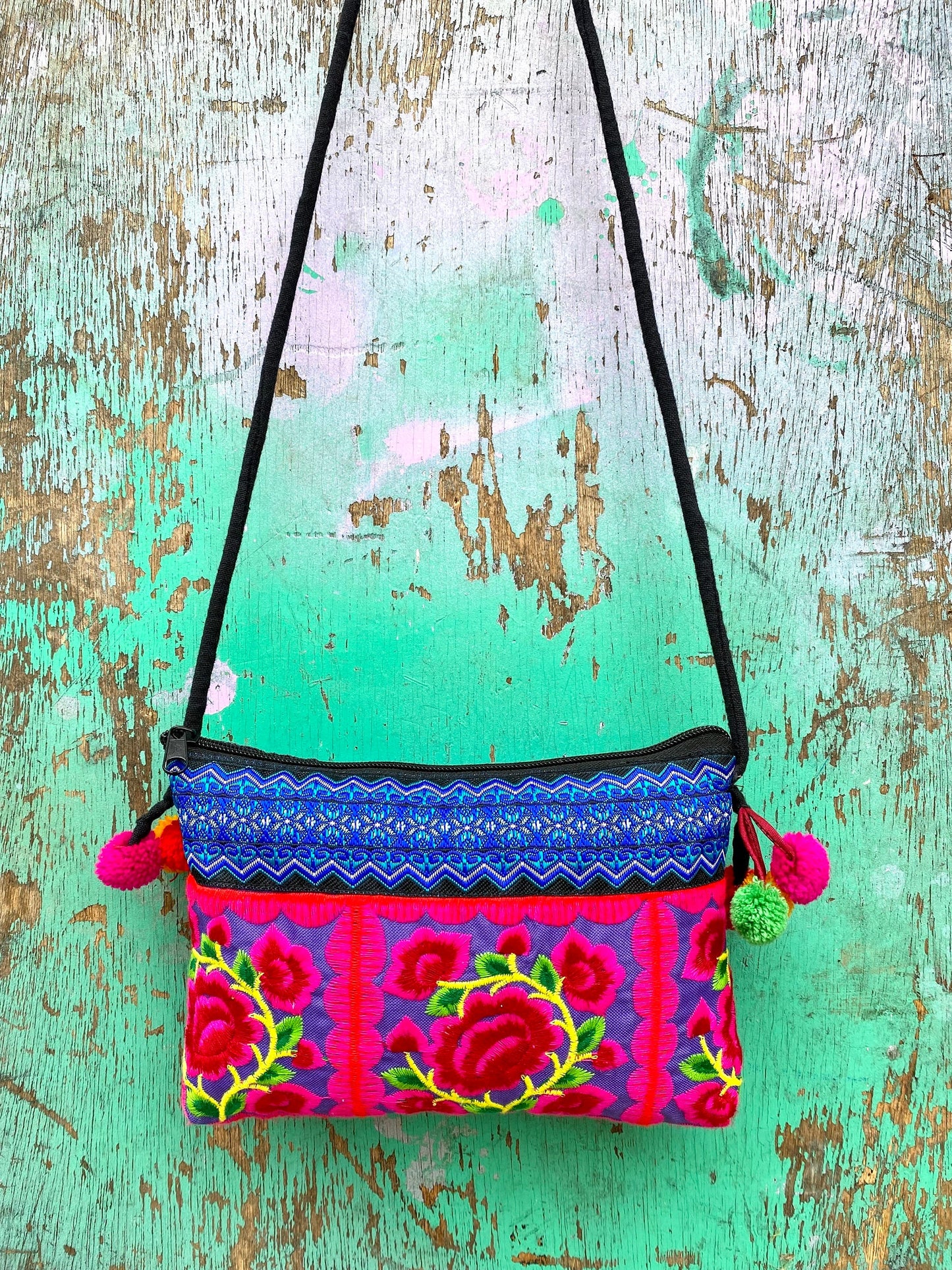 Pink Floral Hmong Embroidered Small Crossbody Bag