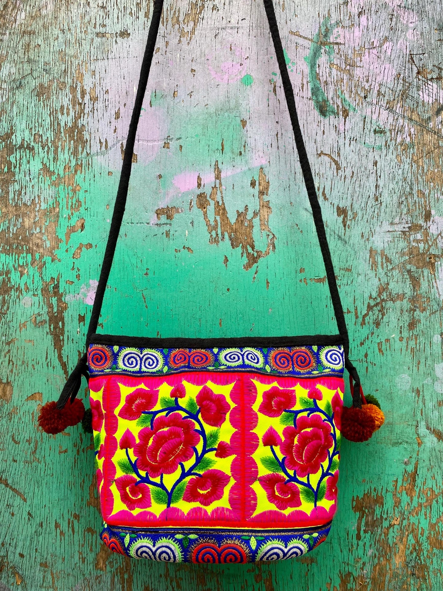 Pink Floral Embroidered Thai Crossbody Bag
