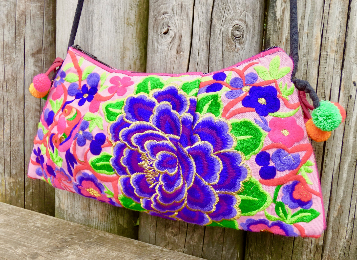 Purple Floral Embroidered Crossbody Thai Sling Bag