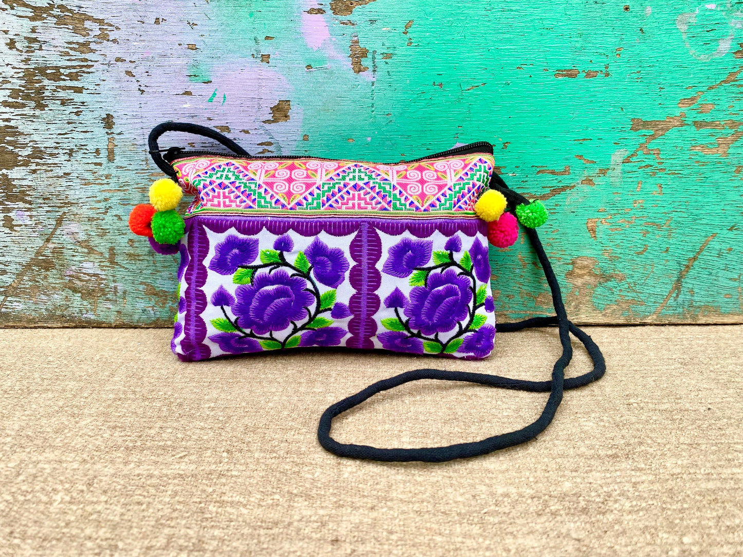 Purple Floral Hmong Embroidered Small Crossbody Bag