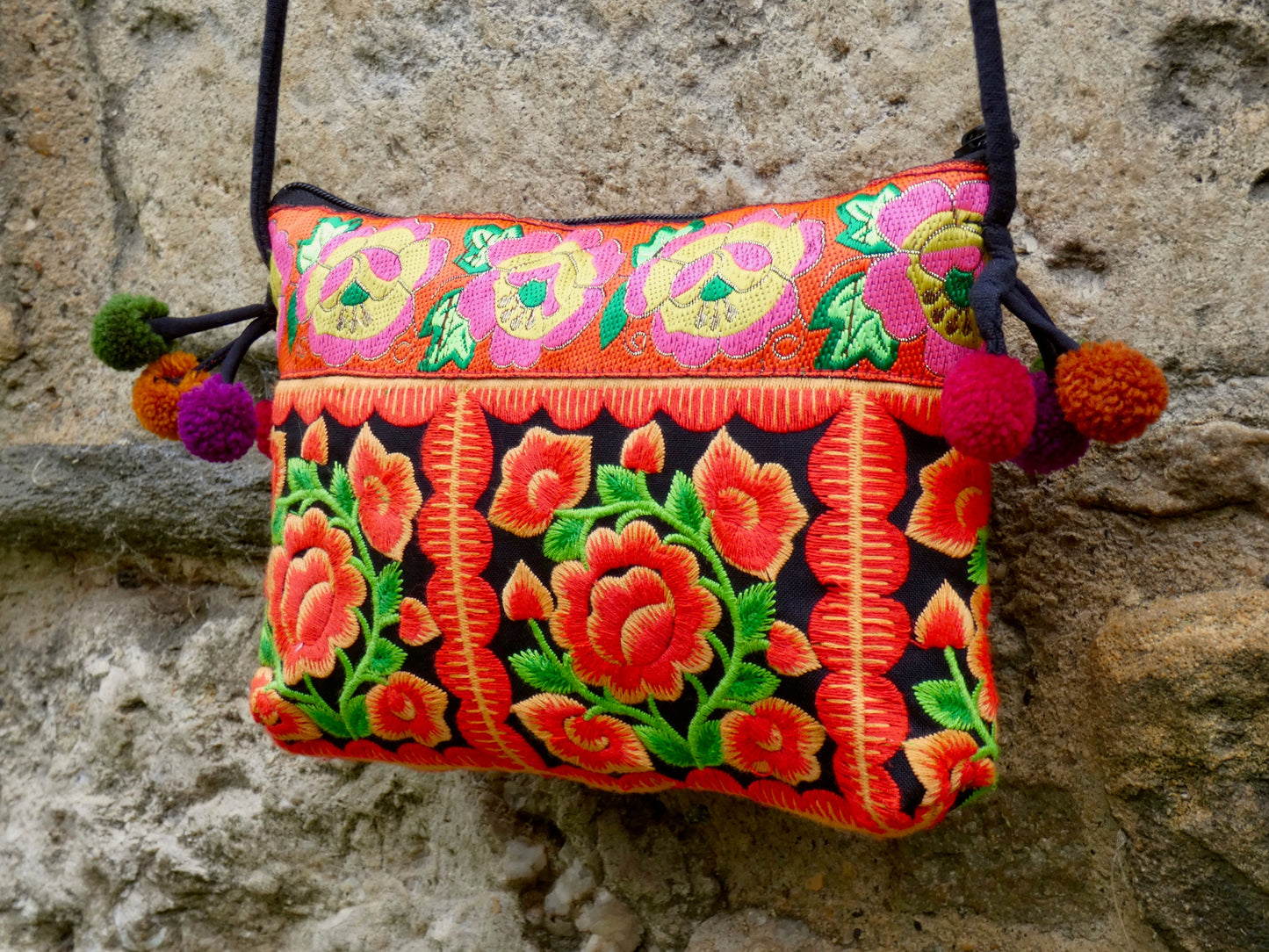 Orange Floral Embroidered Small Crossbody Thai Bag
