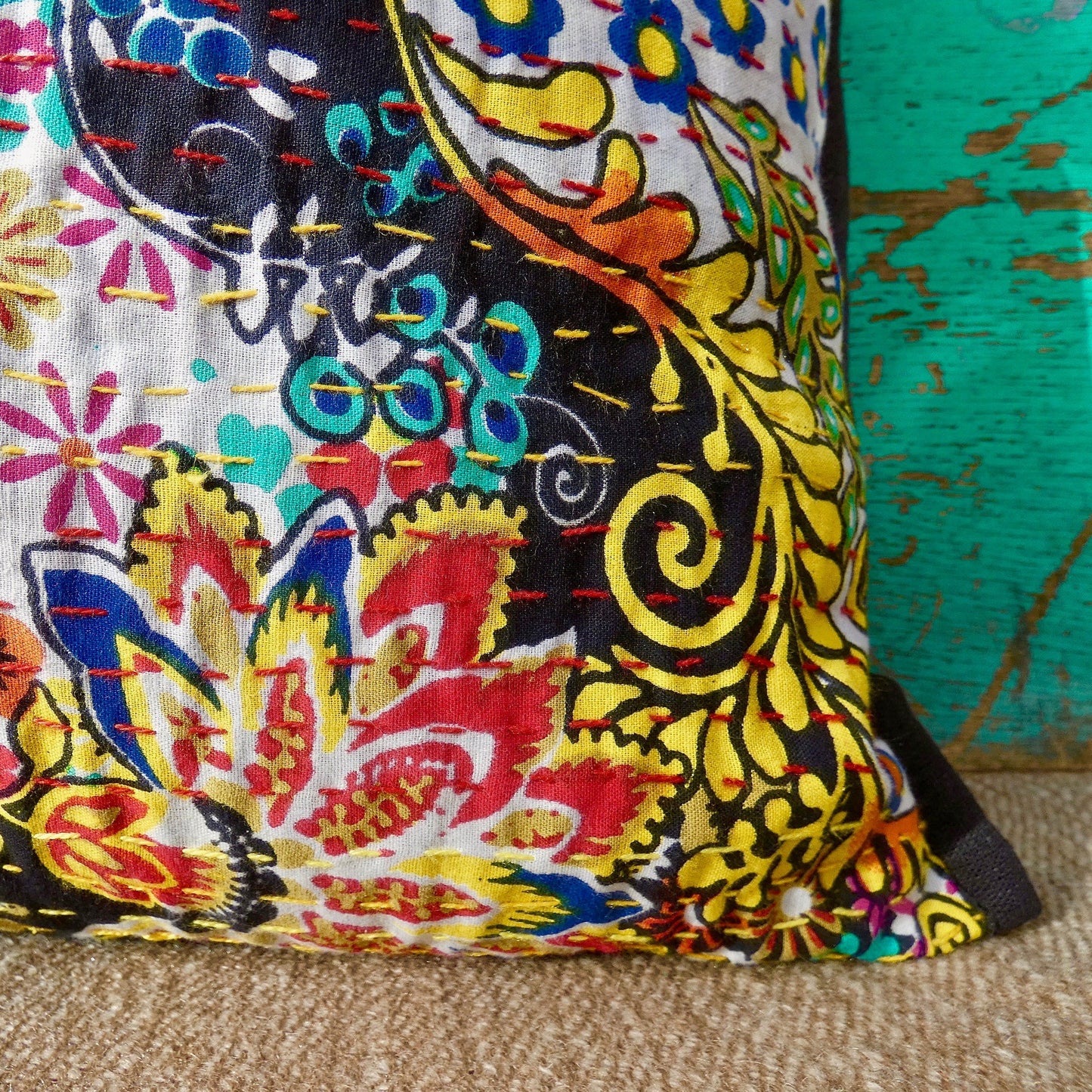 Black and Bright Paisley Kantha Cushion Cover