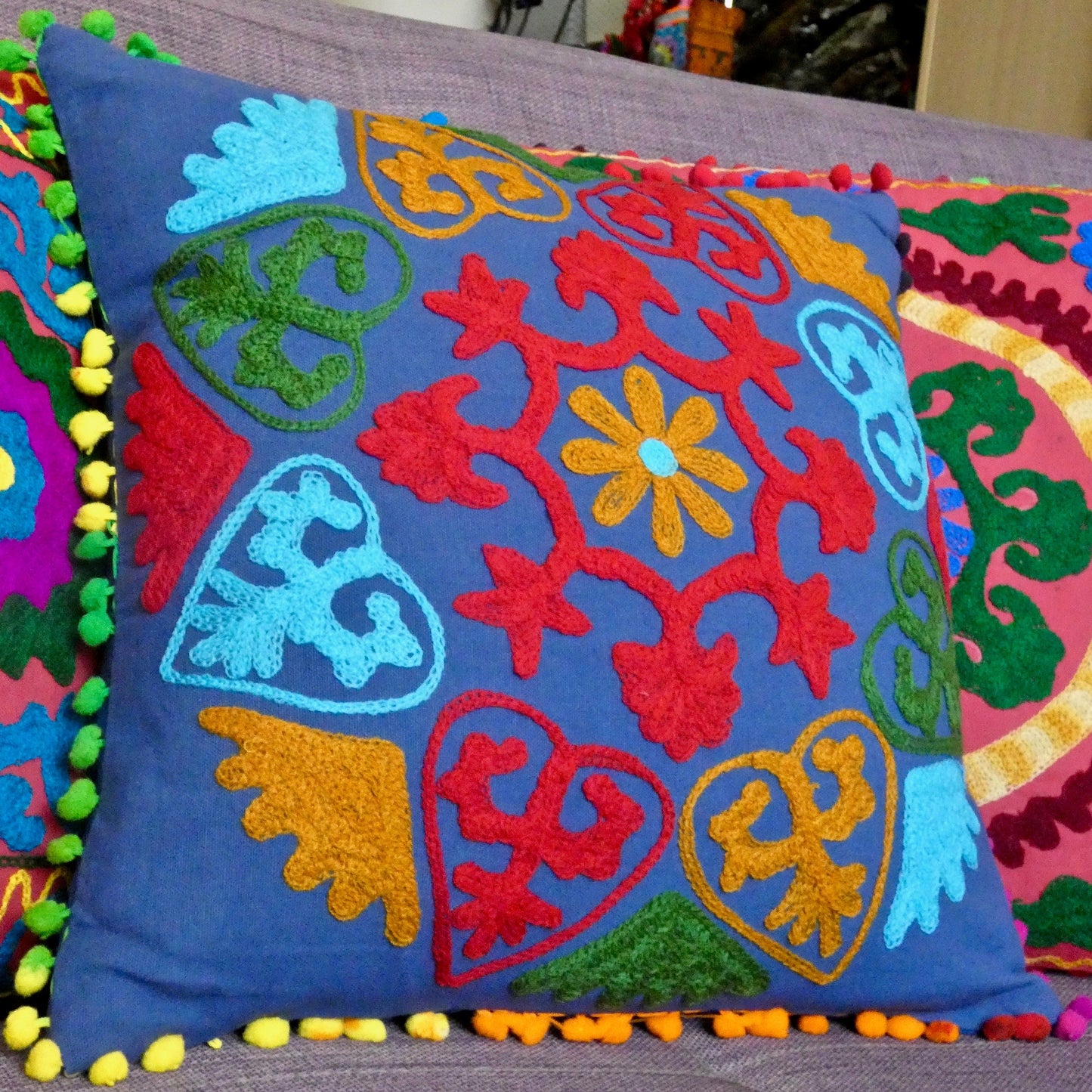 Blue Suzani Embroidered Pom Pom Cushion Cover