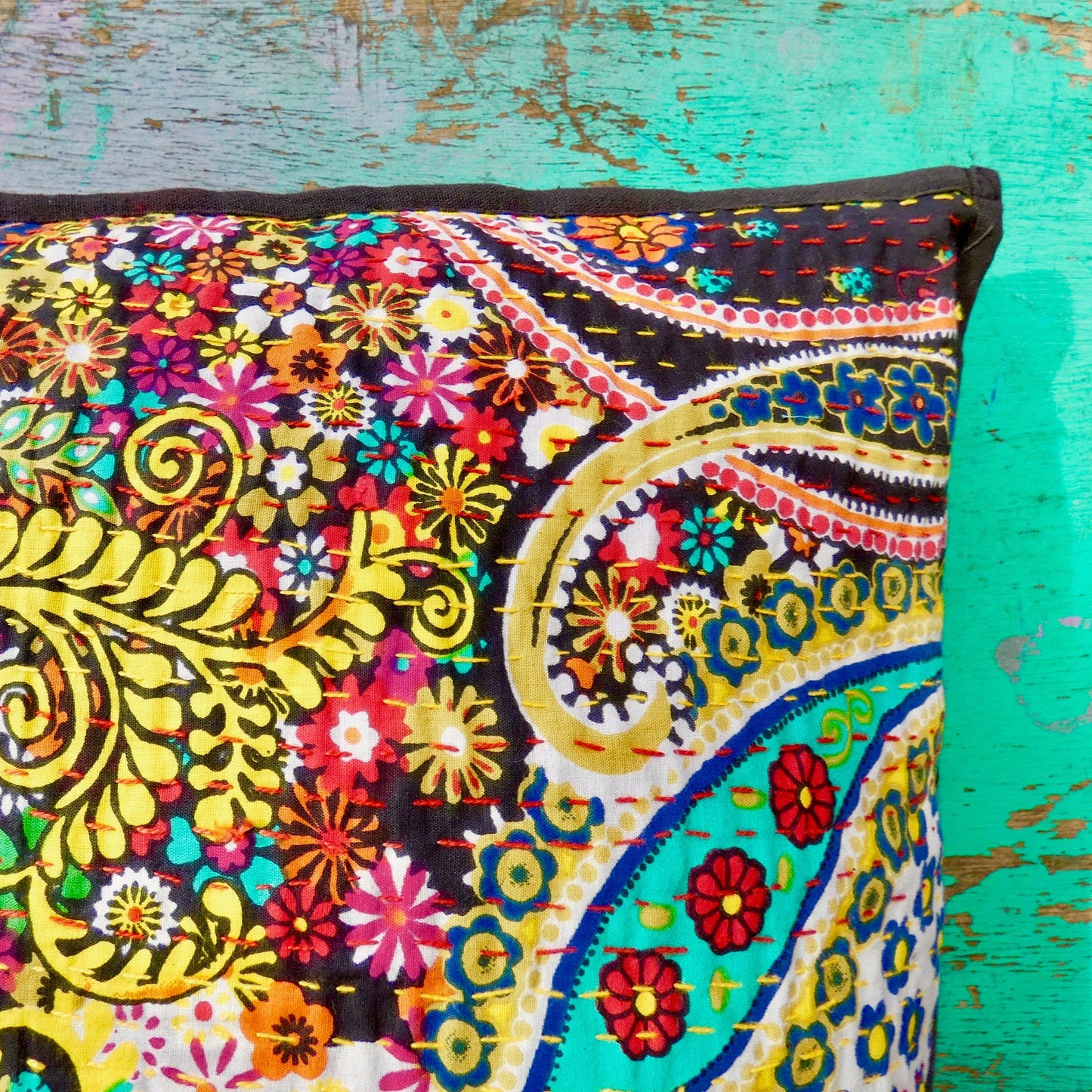 Black and Bright Paisley Kantha Cushion Cover