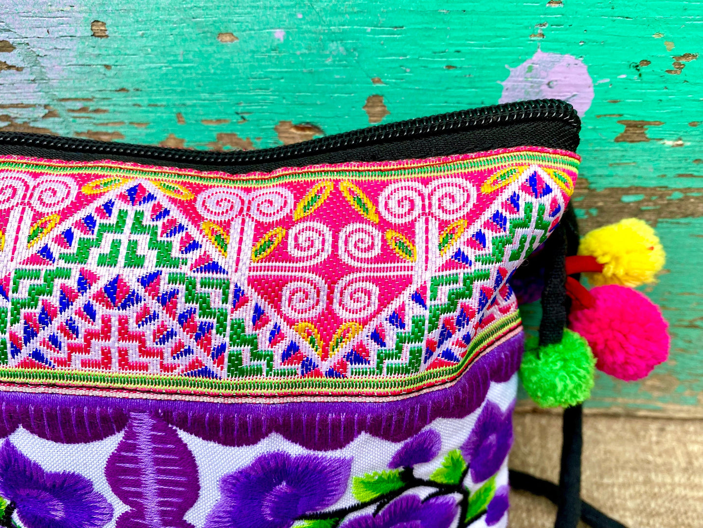 Purple Floral Hmong Embroidered Small Crossbody Bag