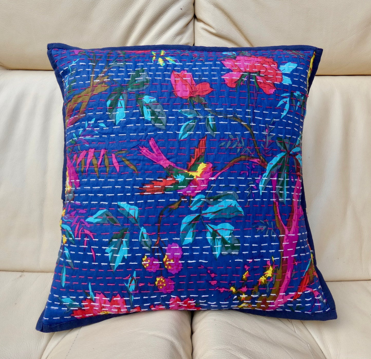 Blue Floral Kantha Cushion Cover