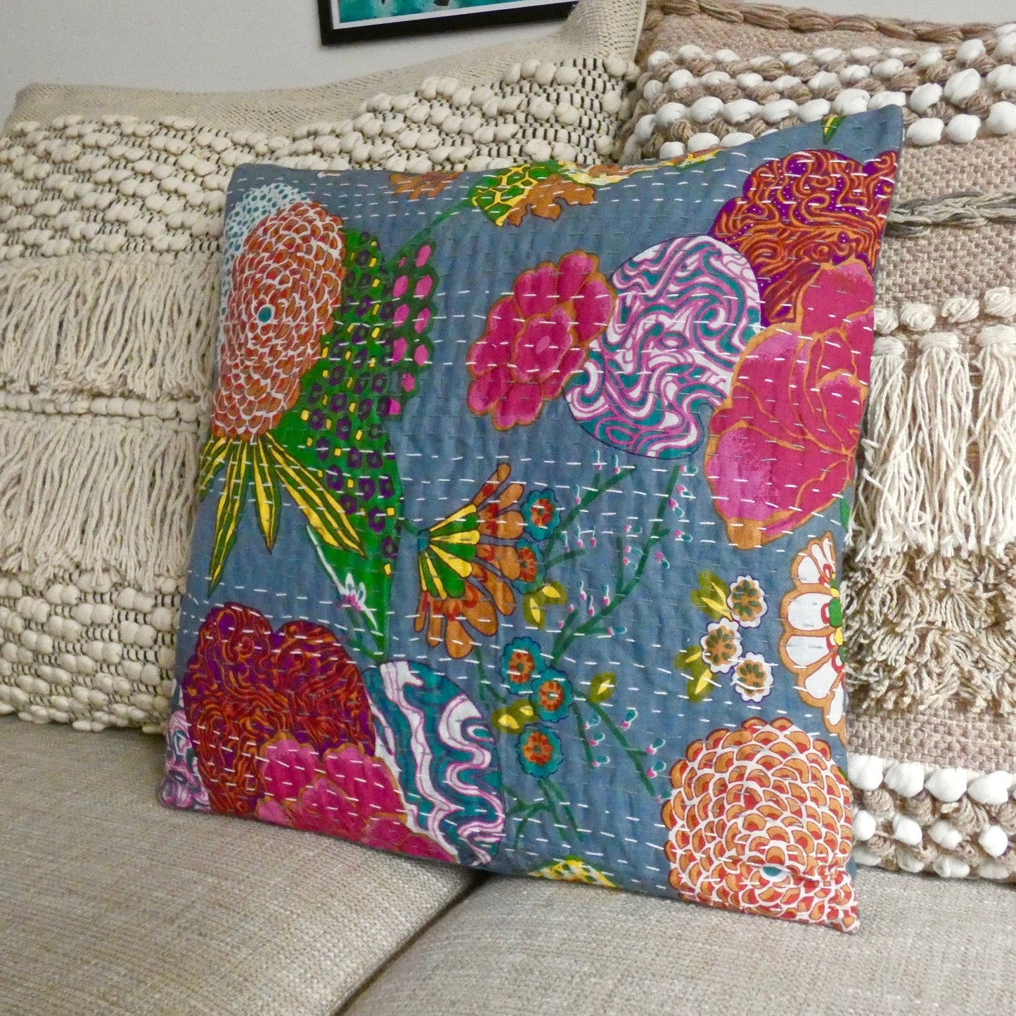 Grey Floral Kantha Cushion Cover