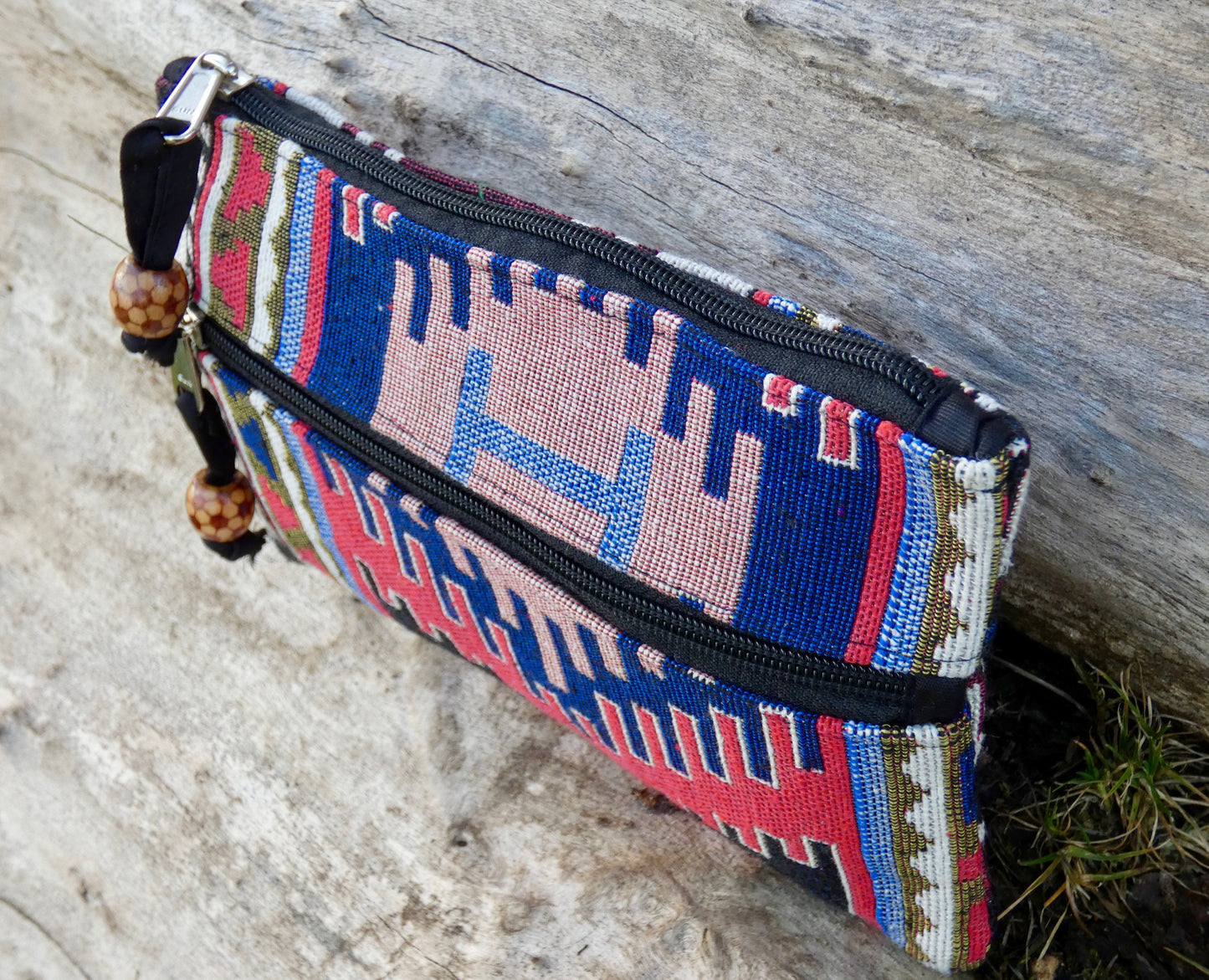 Upcycled Woven Cotton Jacquard Purse - Blue and Red