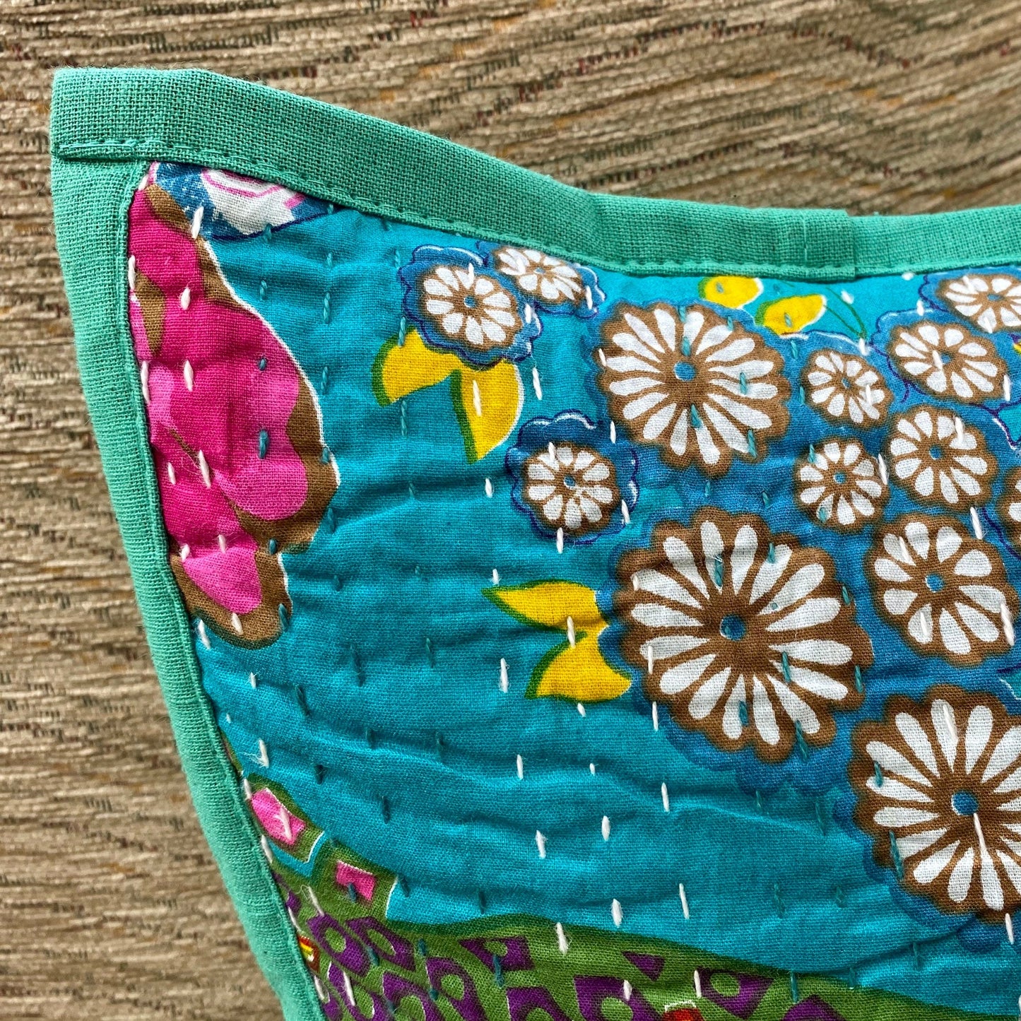 Turquoise Floral Kantha Cushion Cover