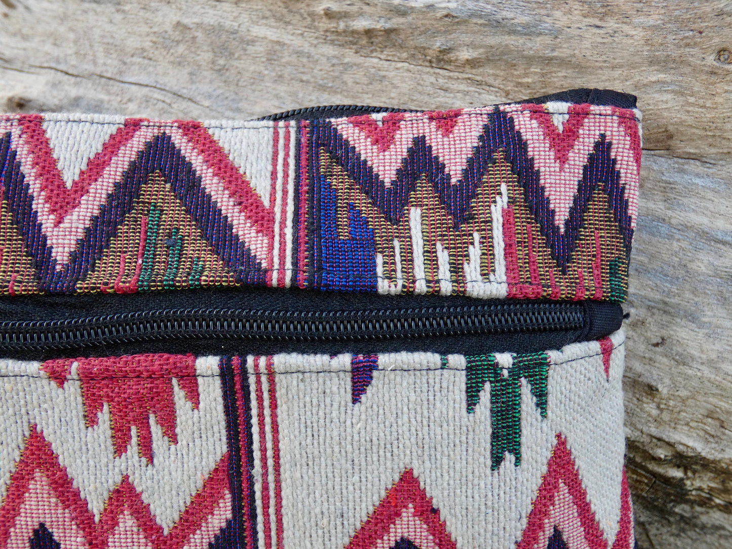 Red and Beige Jacquard Woven Cotton Wristlet Purse Bag