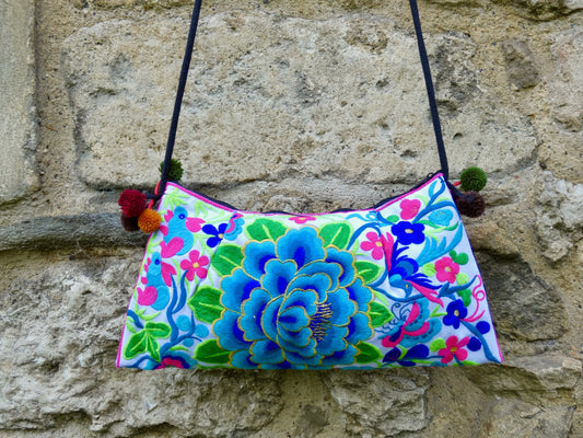Blue Floral Embroidered Crossbody Thai Sling Bag