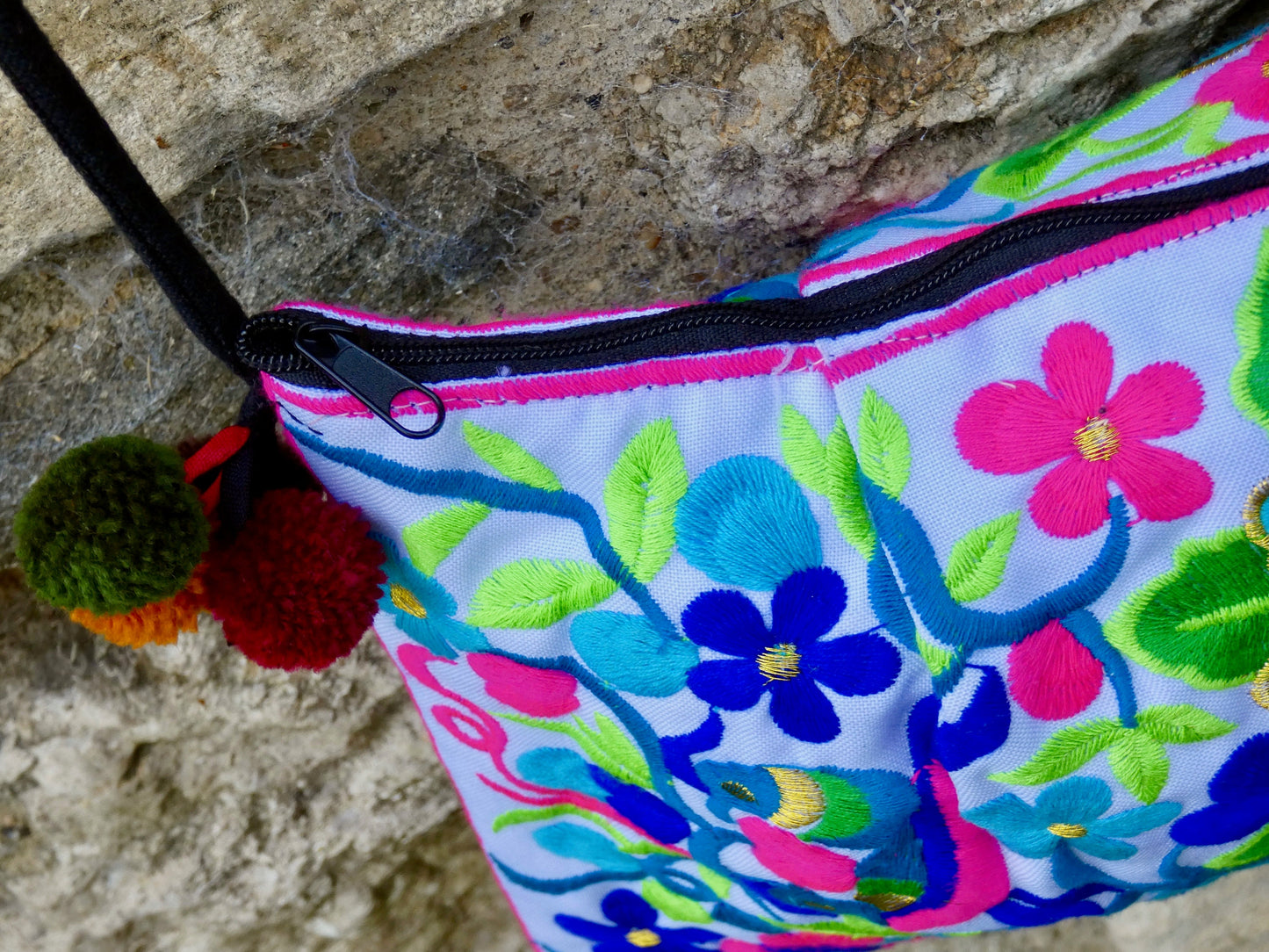 Blue Floral Embroidered Crossbody Thai Sling Bag