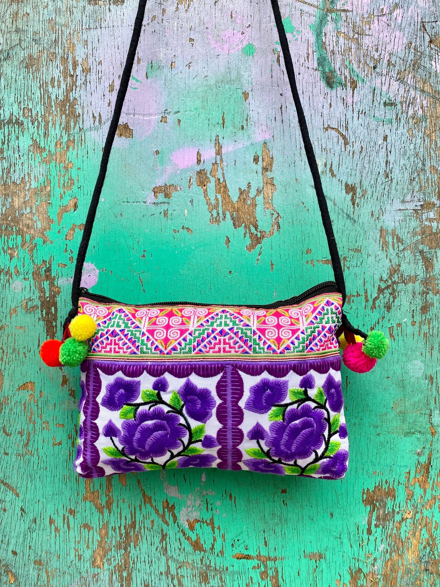 Purple Floral Hmong Embroidered Small Crossbody Bag