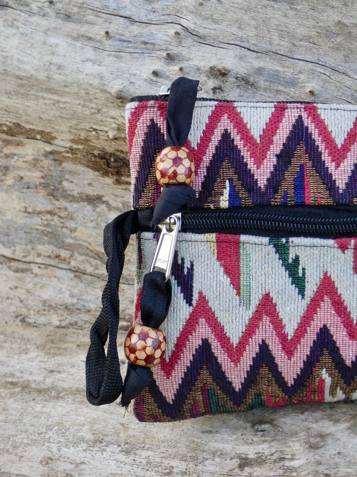 Red and Beige Jacquard Woven Cotton Wristlet Purse Bag