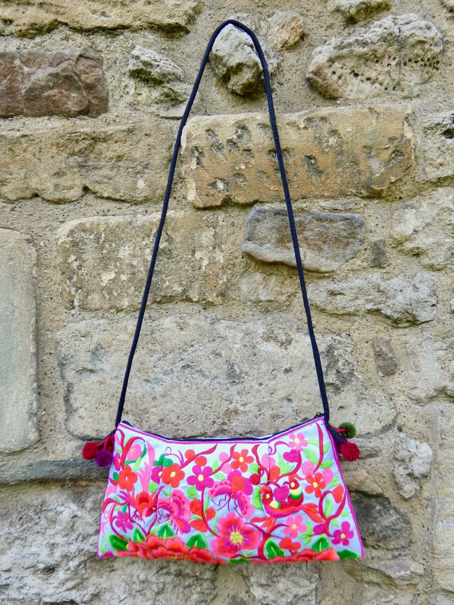 Coral Pink Floral Embroidered Crossbody Thai Sling Bag