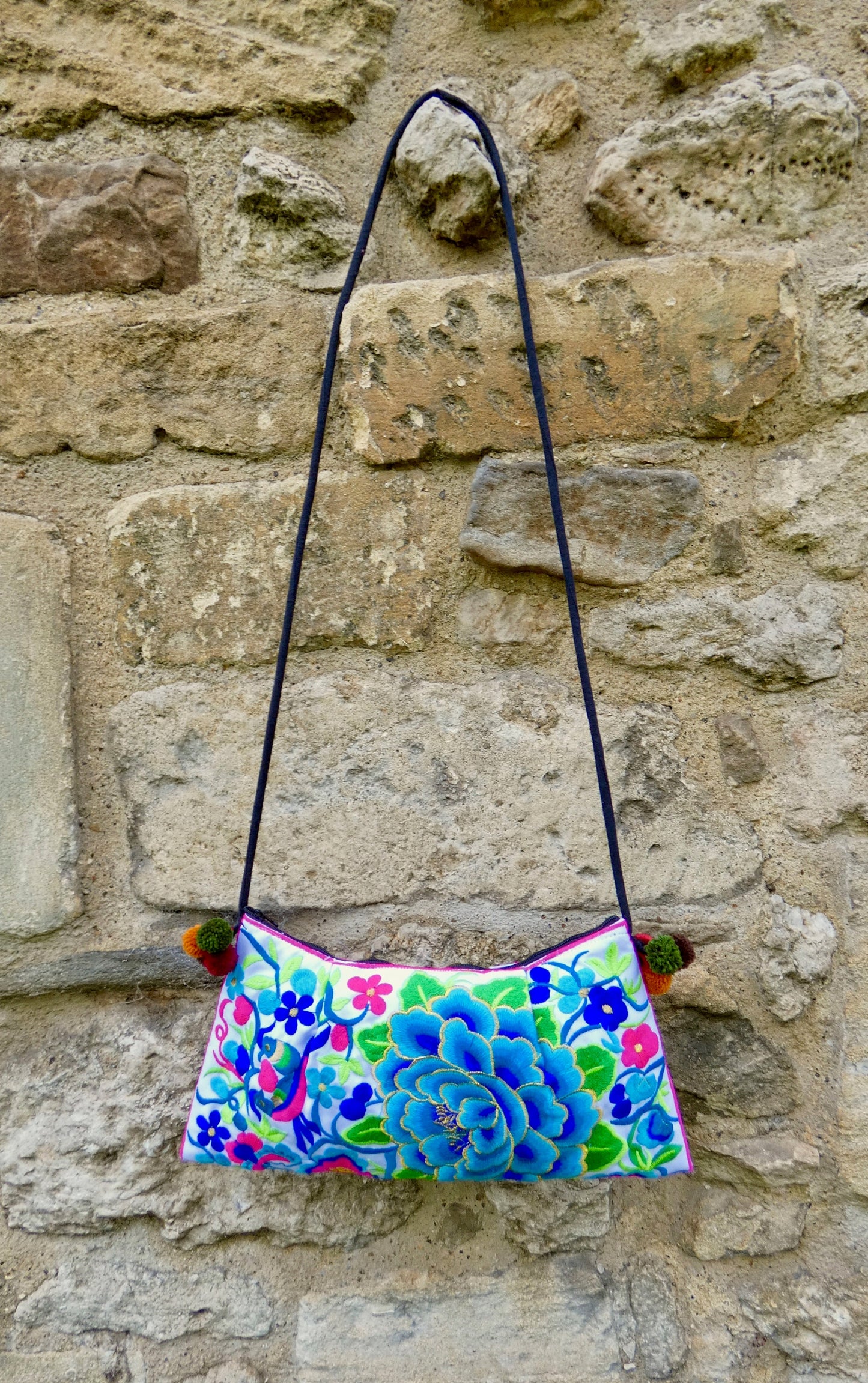 Blue Floral Embroidered Crossbody Thai Sling Bag