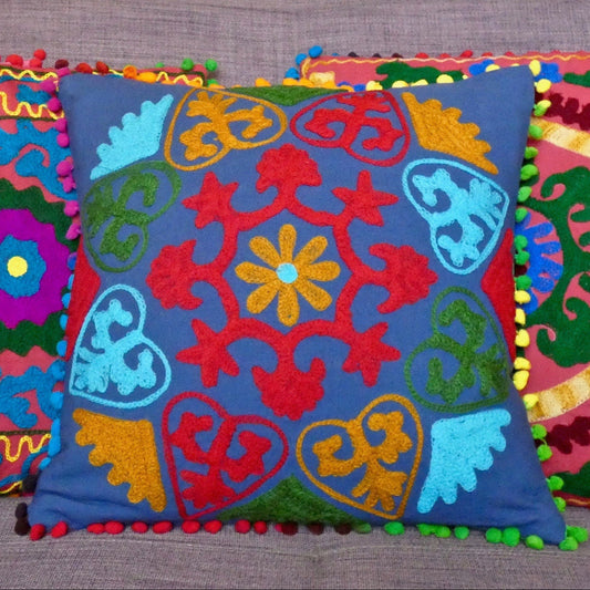 Blue Suzani Embroidered Pom Pom Cushion Cover