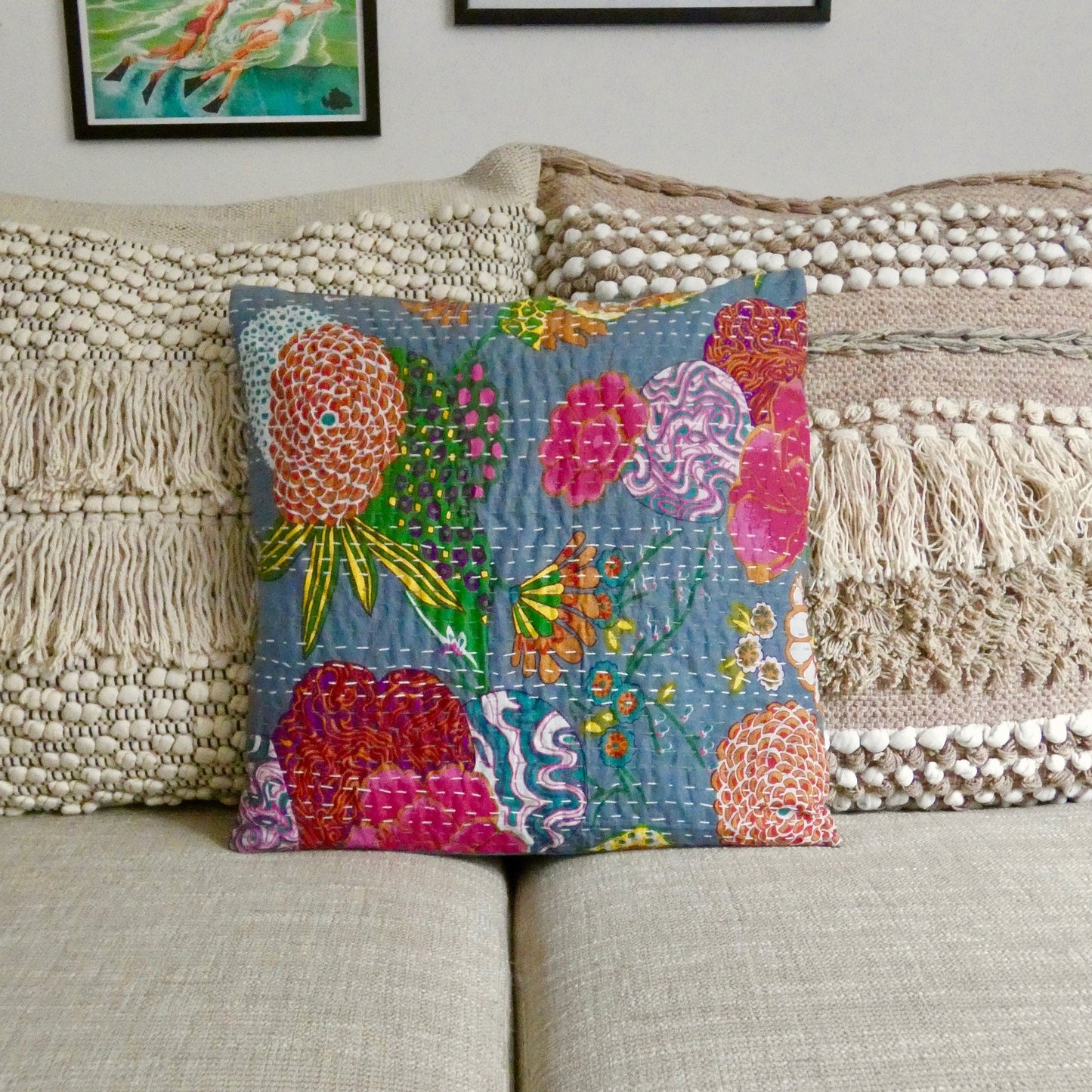 Grey Floral Kantha Cushion Cover