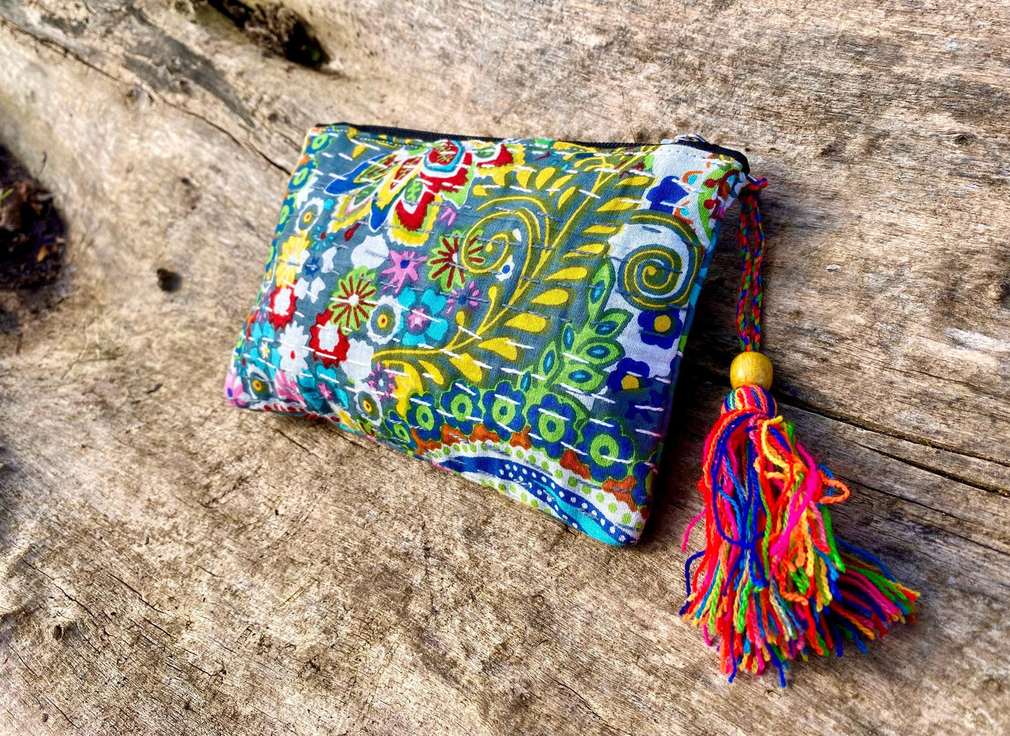 Handmade Cotton Kantha Purse - Grey