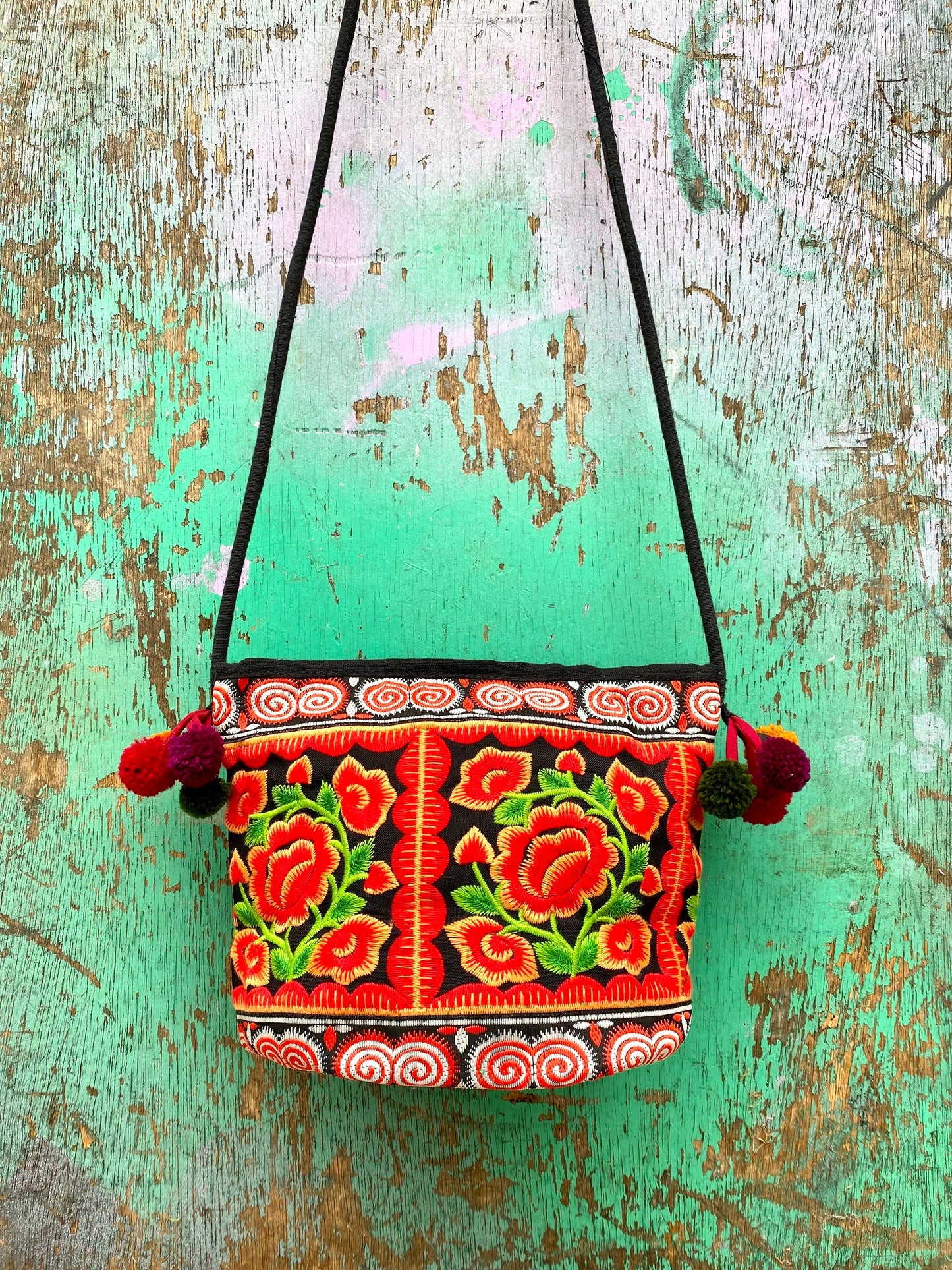 Red Floral Embroidered Thai Crossbody Bag
