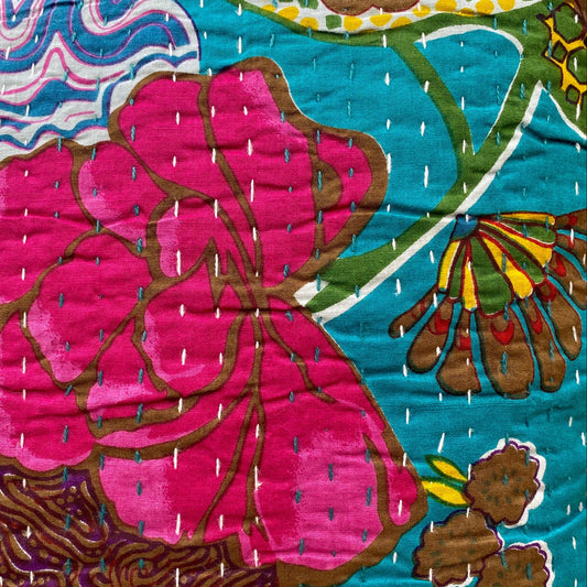 Turquoise Floral Kantha Cushion Cover