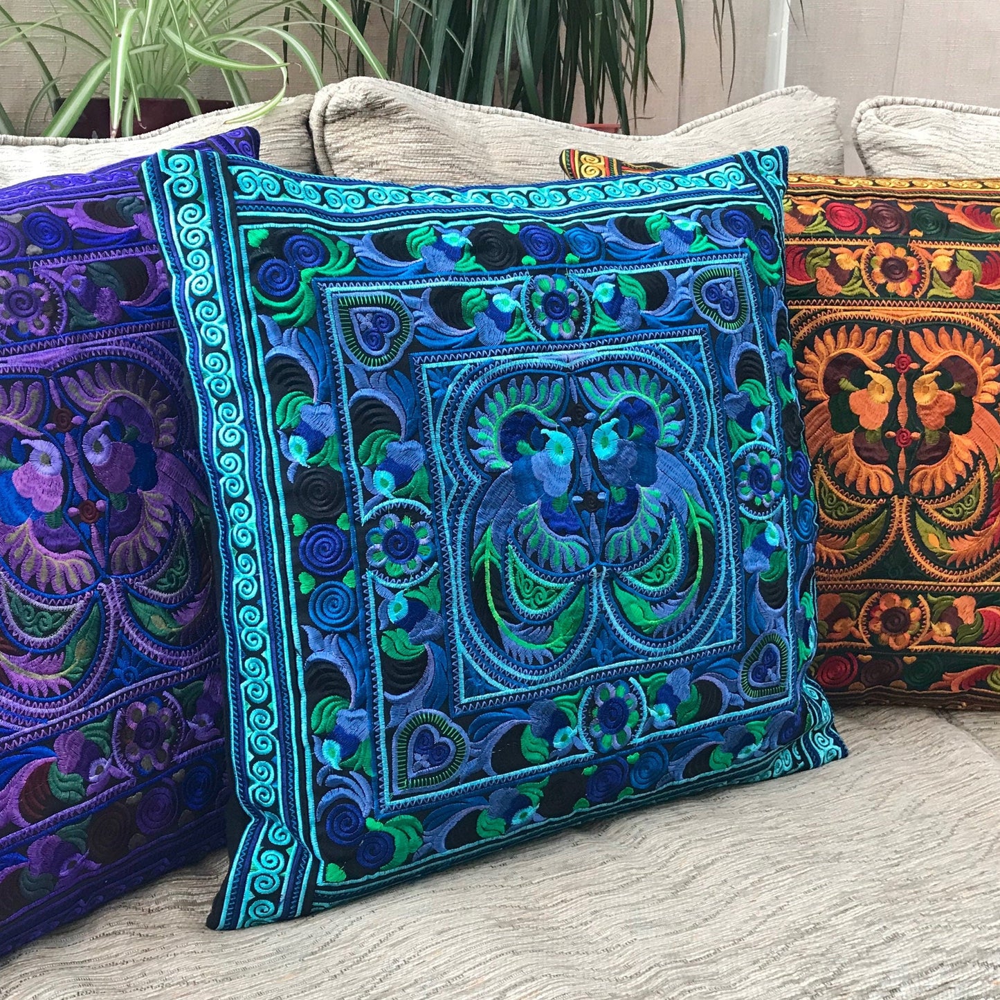 Turquoise Embroidered Thai Cushion Cover