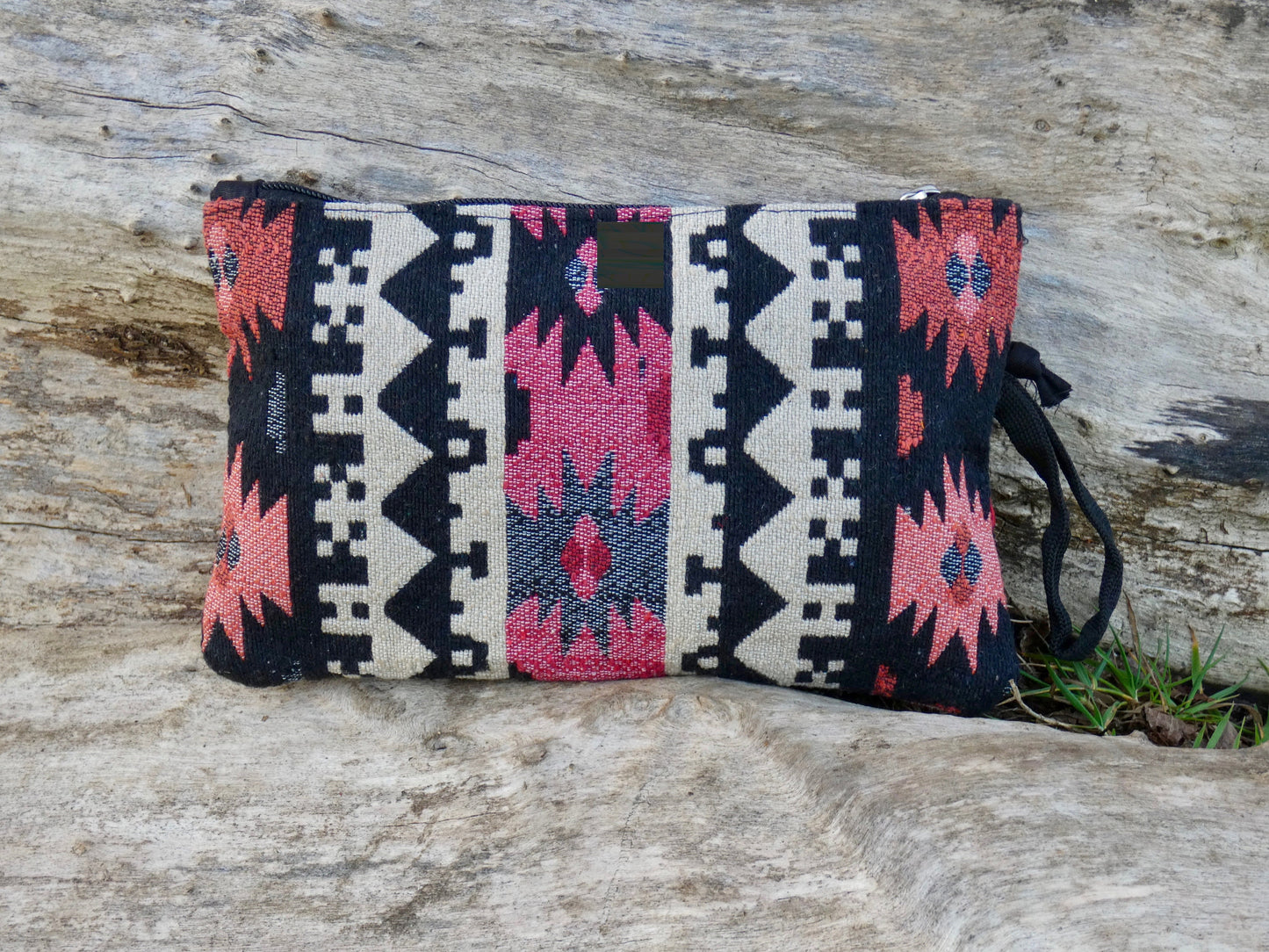 Upcycled Woven Cotton Jacquard Purse - Black and Coral