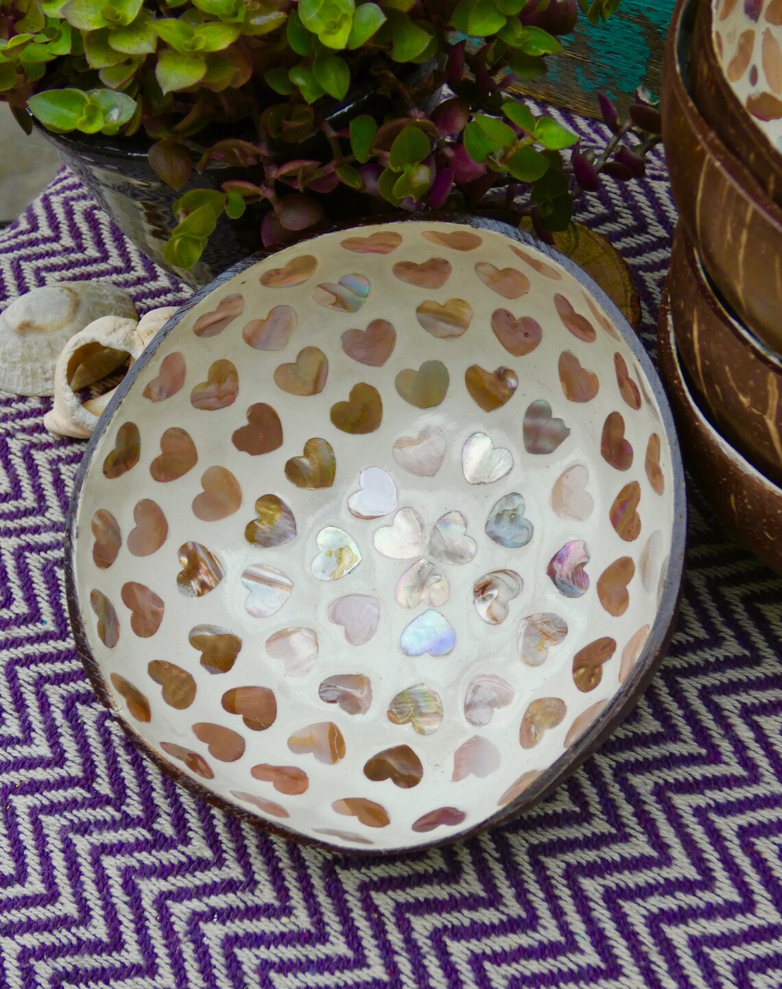Cream Coconut Bowl with Mother of Pearl Inlay Light Heart